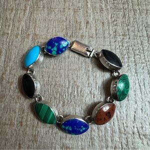 Vintage Taxco sterling silver multi gemstone link bracelet Size 7 inches